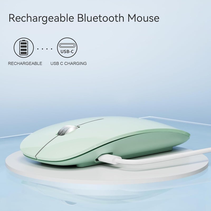 TENMOS M18 Bluetooth Mouse, USB C Rechargeable Wireless Mouse, Triple Mode (Dual Bluetooth+USB) Computer Silent Mice Portable with USB Receiver and Type C Adapter for Laptop/MacBook/iPad/PC - Green - Image 4